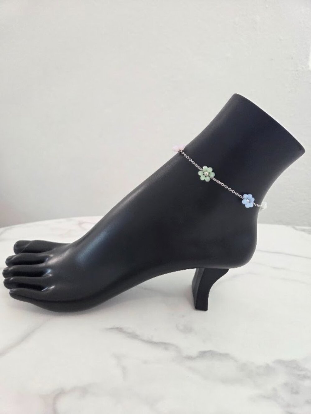 Dainty Pastel Flower Anklet Silver Tone Pink Blue Green Floral Ankle Bracelet - Picture 3 of 17
